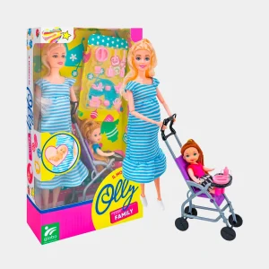 Boneca Olly Grávida C/Filha no Carrinho